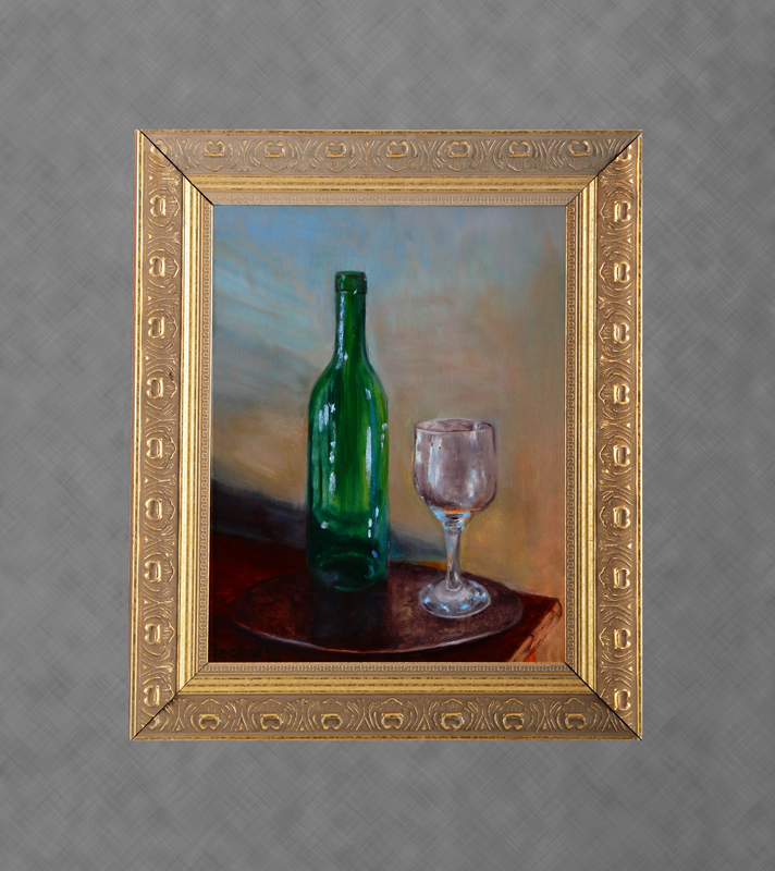 Still Life - Wine Bottle and Glass 
 11 in x 14 in Oil on Canvas 2012 
 Private Collection of Sue McKinley